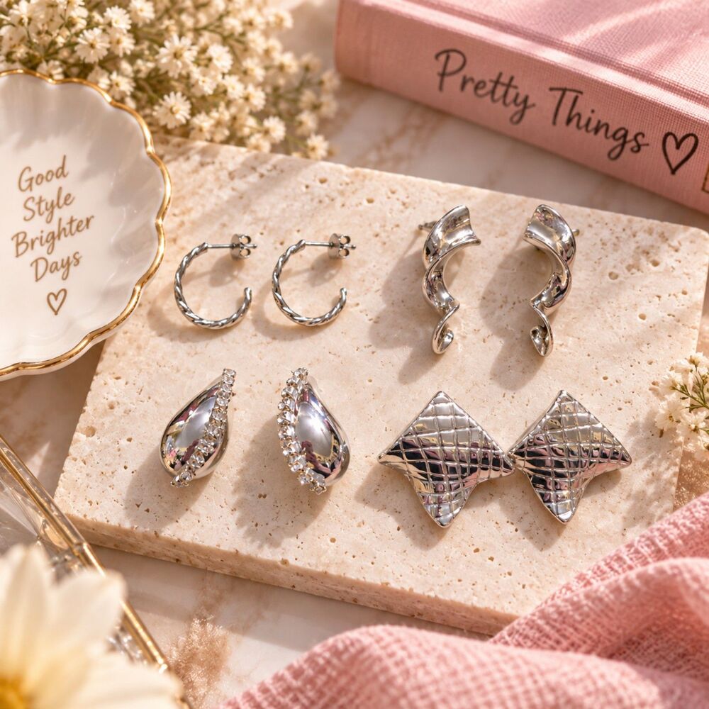 Silver Tone Statement Earrings Lot, 4 Pairs Y2K Retro Maximalist Glam Jewelry